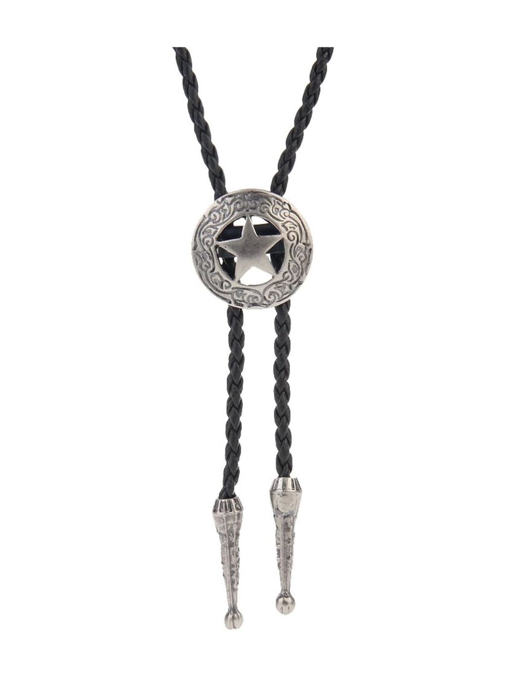 Silver Star Bolo Tie Necklace with Black Braided Cord